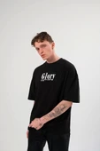 Unisex Bisiklet Yaka Baskılı Oversize T-Shirt - Siyah thumbnail 1