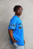 Unisex Bisiklet Yaka Baskılı Oversize T-Shirt - Mavi thumbnail 4