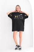Unisex Bisiklet Yaka Baskılı Oversize T-Shirt - Siyah thumbnail 1