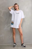 Unisex Bisiklet Yaka Baskılı Oversize T-Shirt - Beyaz thumbnail 6