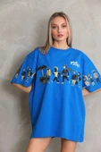Unisex Bisiklet Yaka Baskılı Oversize T-Shirt - Mavi thumbnail 5