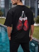 Unisex Bisiklet Yaka Baskılı Oversize T-Shirt - Siyah thumbnail 2