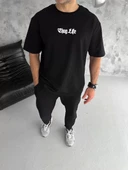 Unisex Bisiklet Yaka Baskılı Oversize T-Shirt - Siyah thumbnail 1