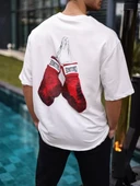 Unisex Bisiklet Yaka Baskılı Oversize T-Shirt - Beyaz thumbnail 2