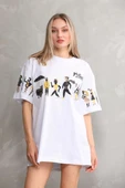 Unisex Bisiklet Yaka Baskılı Oversize T-Shirt - Beyaz thumbnail 1