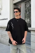 Unisex Bisiklet Yaka Baskılı Oversize T-Shirt - Siyah thumbnail 1