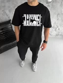 Unisex Bisiklet Yaka Katlanan Baskılı T-Shirt - Siyah thumbnail 1