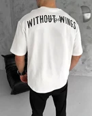 Unisex Bisiklet Yaka Baskılı Oversize T-Shirt - Beyaz thumbnail 2