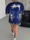 Unisex Bisiklet Yaka Baskılı Oversize T-Shirt - Lacivert thumbnail 4