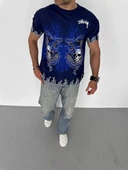 Unisex Bisiklet Yaka Baskılı Oversize T-Shirt - Lacivert thumbnail 1