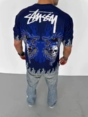 Unisex Bisiklet Yaka Baskılı Oversize T-Shirt - Lacivert thumbnail 4