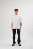 Unisex Bisiklet Yaka Baskılı Oversize T-Shirt - Beyaz thumbnail 1