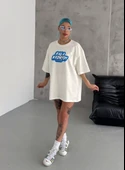Unisex Bisiklet Yaka Baskılı Oversize T-Shirt - Beyaz thumbnail 1
