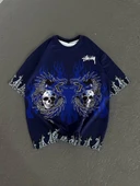 Unisex Bisiklet Yaka Baskılı Oversize T-Shirt - Lacivert thumbnail 5