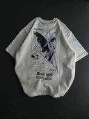 Unisex Bisiklet Yaka Baskılı Oversize T-Shirt - Beyaz thumbnail 2