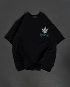 Unisex Bisiklet Yaka Baskılı Oversize T-Shirt - Siyah thumbnail 1