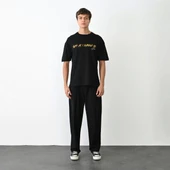 Unisex Bisiklet Yaka Baskılı Oversize T-Shirt - Siyah thumbnail 1