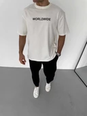 Unisex Bisiklet Yaka Baskılı Oversize T-Shirt - Beyaz thumbnail 1