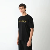 Unisex Bisiklet Yaka Baskılı Oversize T-Shirt - Siyah thumbnail 2