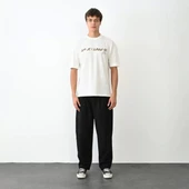 Unisex Bisiklet Yaka Baskılı Oversize T-Shirt - Beyaz thumbnail 1