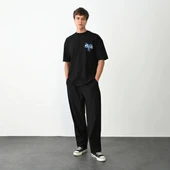 Unisex Bisiklet Yaka Baskılı Oversize T-Shirt - Siyah thumbnail 4