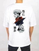 Unisex Bisiklet Yaka Baskılı Oversize T-Shirt - Beyaz thumbnail 2