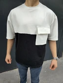 Unisex Torba Cep Detaylı Parçalı T-Shirt - Siyah thumbnail 7