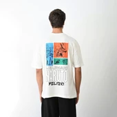 Unisex Bisiklet Yaka Baskılı Oversize T-Shirt - Beyaz thumbnail 5