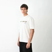 Unisex Bisiklet Yaka Baskılı Oversize T-Shirt - Beyaz thumbnail 2