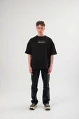Unisex Bisiklet Yaka Baskılı Oversize T-Shirt - Siyah thumbnail 1