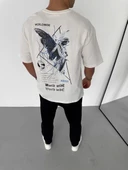 Unisex Bisiklet Yaka Baskılı Oversize T-Shirt - Beyaz thumbnail 3