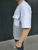 Unisex Torba Cep Detaylı Parçalı T-Shirt - Gri thumbnail 5