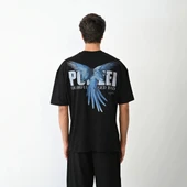 Unisex Bisiklet Yaka Baskılı Oversize T-Shirt - Siyah thumbnail 5