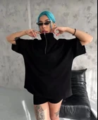 Unisex Yarım Fermuarlı Düz Oversize T-Shirt - Siyah thumbnail 2