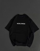 Unisex Bisiklet Yaka Baskılı Oversize T-Shirt - Siyah thumbnail 1