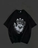 Unisex Bisiklet Yaka Baskılı Oversize T-Shirt - Siyah thumbnail 1