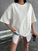 Unisex Düz Biskilet Yaka Oversize T-shirt - Beyaz thumbnail 3