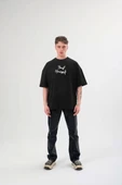 Unisex Bisiklet Yaka Baskılı Oversize T-Shirt - Siyah thumbnail 3