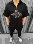 Unisex Yarım Fermuarlı Baskılı Oversize T-Shirt - Siyah thumbnail 1