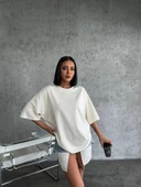 Unisex Düz Biskilet Yaka Oversize T-shirt - Beyaz thumbnail 1