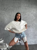 Unisex Düz Biskilet Yaka Oversize T-shirt - Beyaz thumbnail 2