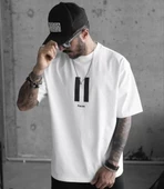 Unisex Bisiklet Yaka Baskılı Oversize T-Shirt - Beyaz thumbnail 2