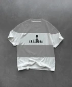 Unisex Bisiklet Yaka Baskılı Parçalı Oversize T-Shirt - Gri thumbnail 1