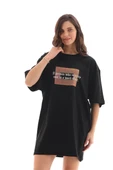 Unisex Bisiklet Yaka Baskılı Oversize T-Shirt - Siyah thumbnail 1