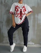 Unisex Bisiklet Yaka Baskılı Oversize T-Shirt - Beyaz thumbnail 2