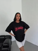 Unisex Bisiklet Yaka Baskılı Oversize T-Shirt - Siyah thumbnail 1