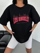 Unisex Bisiklet Yaka Baskılı Oversize T-Shirt - Siyah thumbnail 4