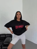 Unisex Bisiklet Yaka Baskılı Oversize T-Shirt - Siyah thumbnail 3