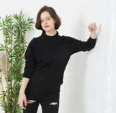 Unisex Uzun Kol Biskilet Yaka Dokuma Triko - Siyah - 5