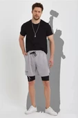 Unisex Baskılı İç Cepli Sporcu Alt Taytlı Şort - Gri thumbnail 2